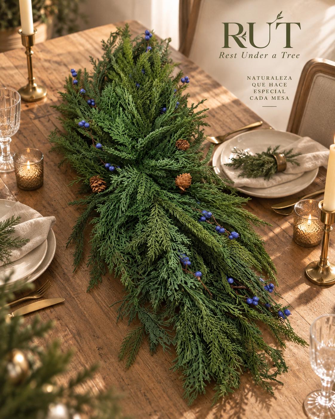 Centro de Mesa Ciprés & Berries Azules 95CM — Guirnaldas & follaje